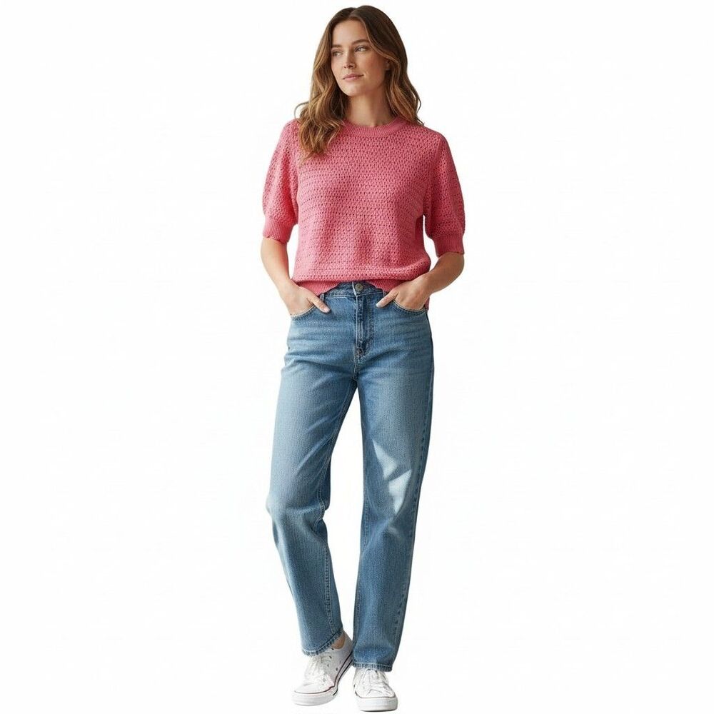Numph Nufantia Short Sleeve Pullover Sweater Women Large Open Weave Scalloped